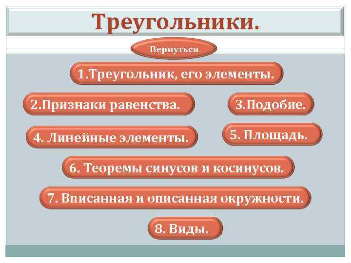  Треугольники. Вернуться 1. Треугольник, его элементы. 2. Признаки равенства. 3. Подобие. 4. Линейные