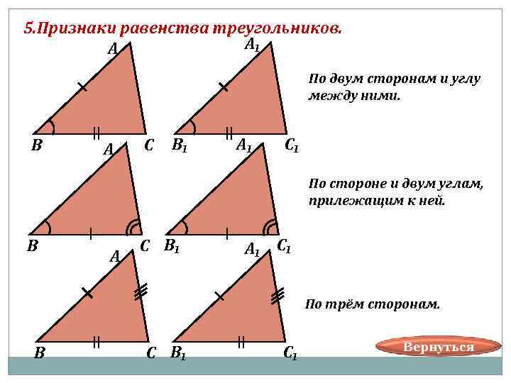 5. Признаки равенства треугольников. А А₁ По двум сторонам и углу между ними. В