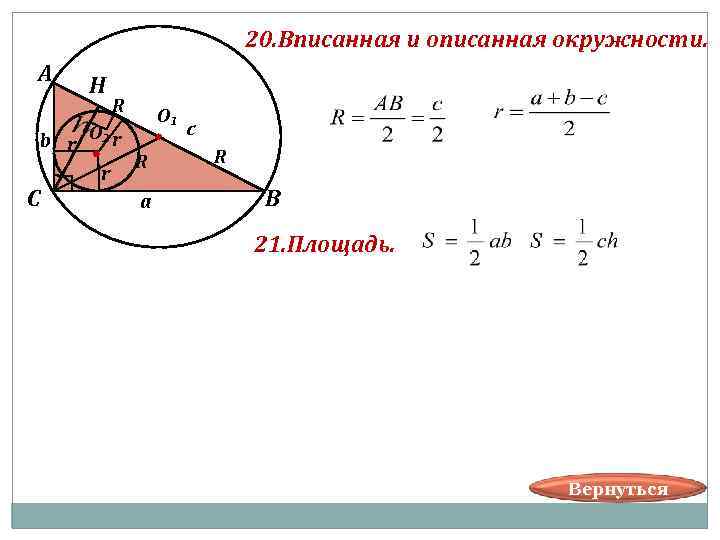  20. Вписанная и описанная окружности. А Н R О₁ с b r О₂