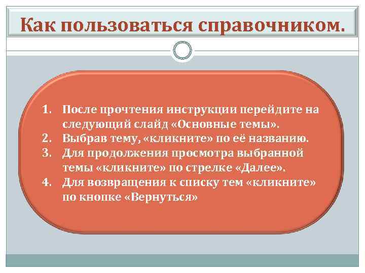 Как пользоваться справочником. 1. После прочтения инструкции перейдите на следующий слайд «Основные темы» .