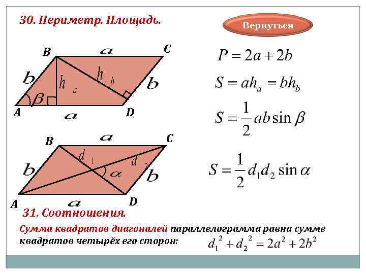  30. Периметр. Площадь. Вернуться В С А D 31. Соотношения. Сумма квадратов диагоналей