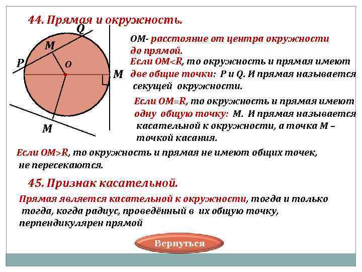  44. Прямая и окружность. Q ОМ- расстояние от центра окружности М до прямой.