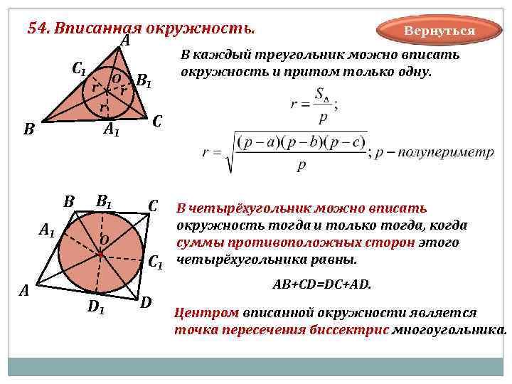 54. Вписанная окружность. Вернуться А В каждый треугольник можно вписать С₁ окружность и притом