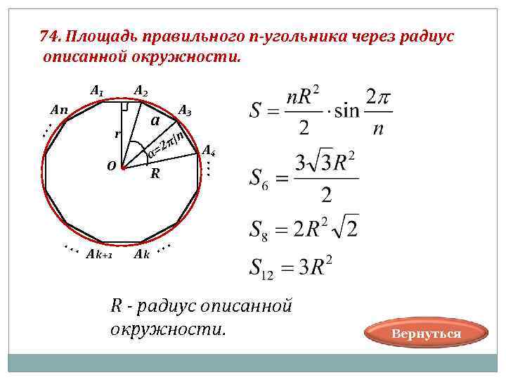  74. Площадь правильного п-угольника через радиус oписанной окружности. А₁ А₂ Аn А₃ a.