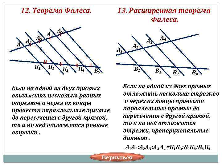  12. Теорема Фалеса. 13. Расширенная теорема Фалеса. А₅ А₄ А₃ А₄ А₂ А₃