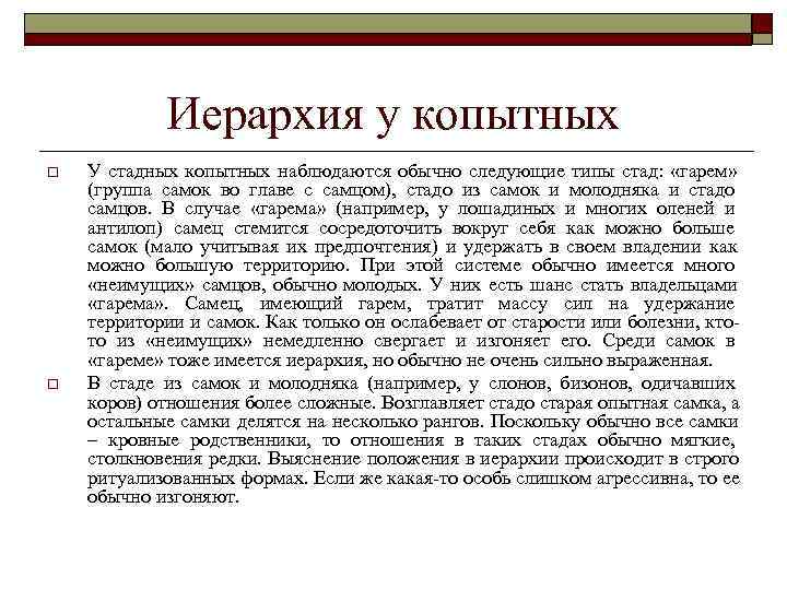    Иерархия у копытных o  У стадных копытных наблюдаются обычно следующие