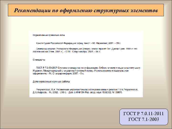 Рекомендации по оформлению структурных элементов       ГОСТ Р 7.