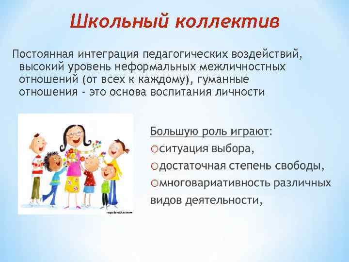 Школьный коллектив Постоянная интеграция педагогических воздействий, высокий уровень неформальных межличностных Школьный коллектив Постоянная интеграция педагогических воздействий, высокий уровень неформальных межличностных