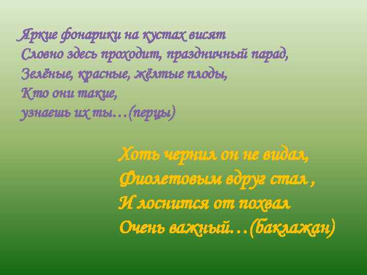 Яркие фонарики на кустах висят Словно здесь проходит, праздничный парад, Зелёные, красные, жёлтые плоды,