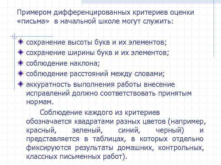 Примером дифференцированных критериев оценки «письма» в начальной школе могут служить: сохранение высоты букв и