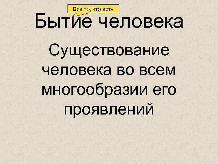  Все то, что есть Бытие человека Существование человека во всем многообразии его проявлений