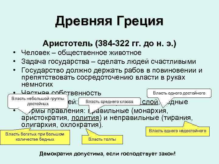  Древняя Греция Аристотель (384 -322 гг. до н. э. ) • Человек –