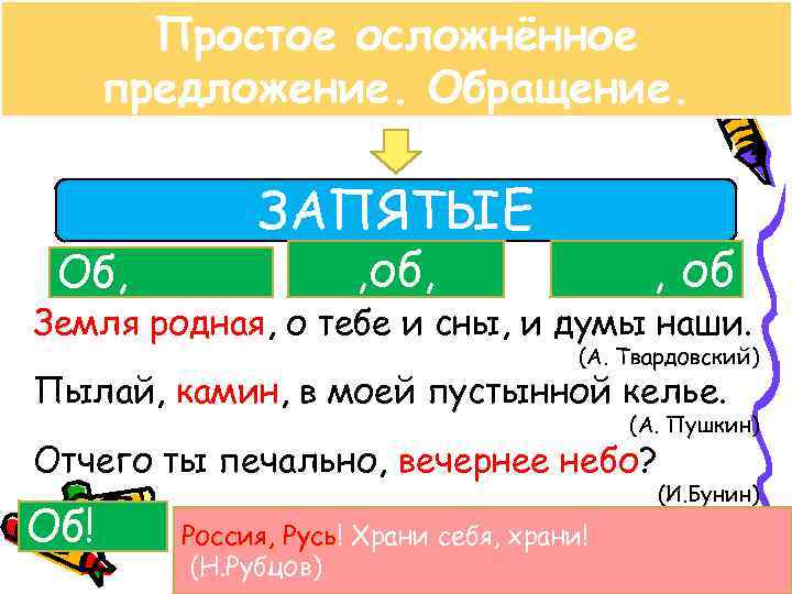  Простое осложнённое предложение. Обращение. ЗАПЯТЫЕ Об, , об, , об Земля родная, о