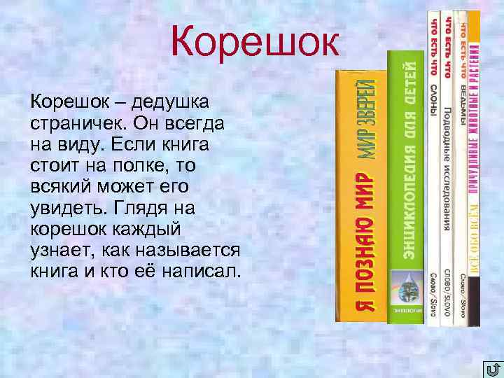  Корешок – дедушка страничек. Он всегда на виду. Если книга стоит на полке,