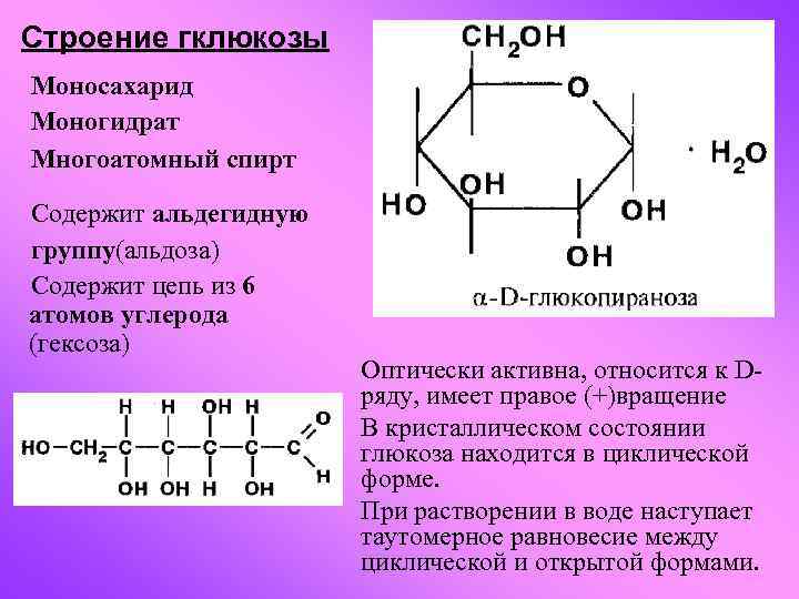 Строение гклюкозы Моносахарид Моногидрат Многоатомный спирт Содержит альдегидную группу(альдоза) Содержит цепь из 6 атомов