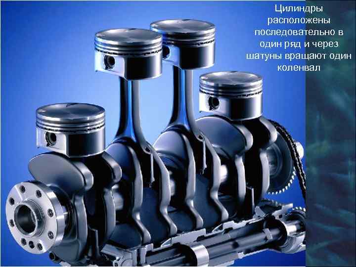  Цилиндры расположены последовательно в  один ряд и через шатуны вращают один 