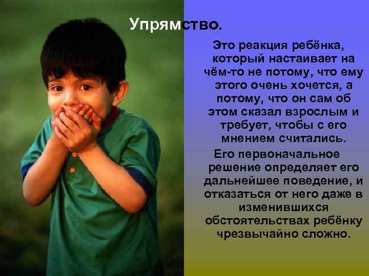 Упрямство.  Это реакция ребёнка,  который настаивает на  чём-то не потому, что