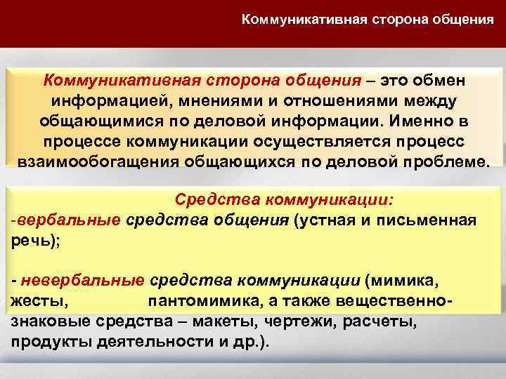  Коммуникативная сторона общения – это обмен информацией, мнениями и отношениями между общающимися по