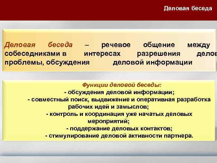  Деловая беседа – речевое общение между собеседниками в интересах разрешения делов проблемы, обсуждения