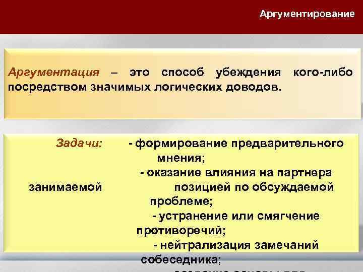  Аргументирование Аргументация – это способ убеждения кого-либо посредством значимых логических доводов. Задачи: -