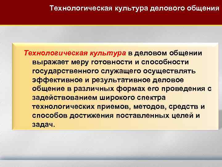  Технологическая культура делового общения Технологическая культура в деловом общении выражает меру готовности и