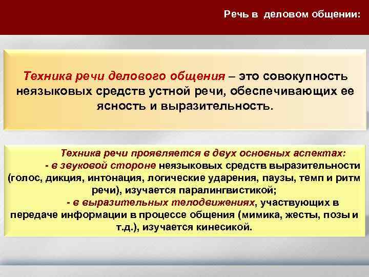  Речь в деловом общении: Техника речи делового общения – это совокупность неязыковых средств