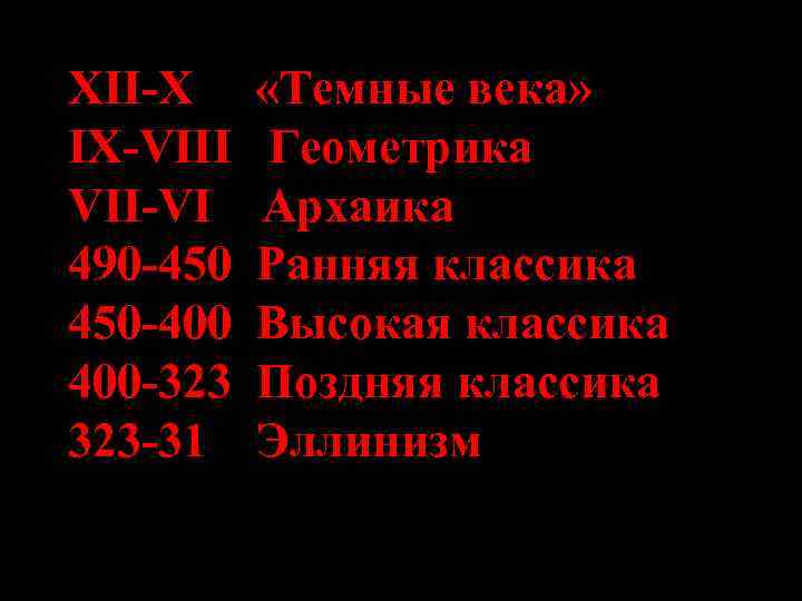 XII-X «Темные века» IX-VIII Геометрика VII-VI Архаика 490 -450 Ранняя классика XII-X «Темные века» IX-VIII Геометрика VII-VI Архаика 490 -450 Ранняя классика