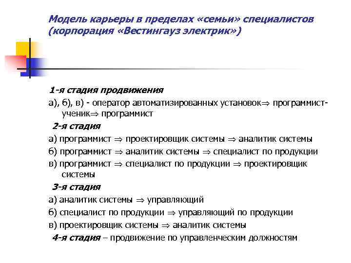 Модель карьеры в пределах «семьи» специалистов (корпорация «Вестингауз электрик» ) 1 -я стадия продвижения