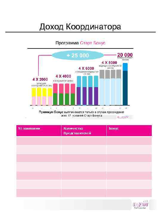  Доход Координатора № кампании Количество Бонус Представителей 