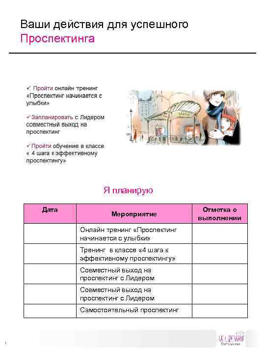  Ваши действия для успешного Проспектинга Я планирую Дата Отметка о Мероприятие выполнении Онлайн