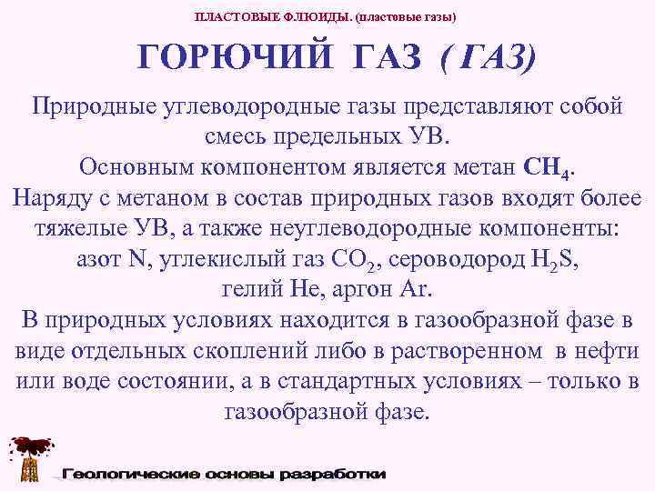     ПЛАСТОВЫЕ ФЛЮИДЫ. (пластовые газы)   ГОРЮЧИЙ ГАЗ ( ГАЗ)