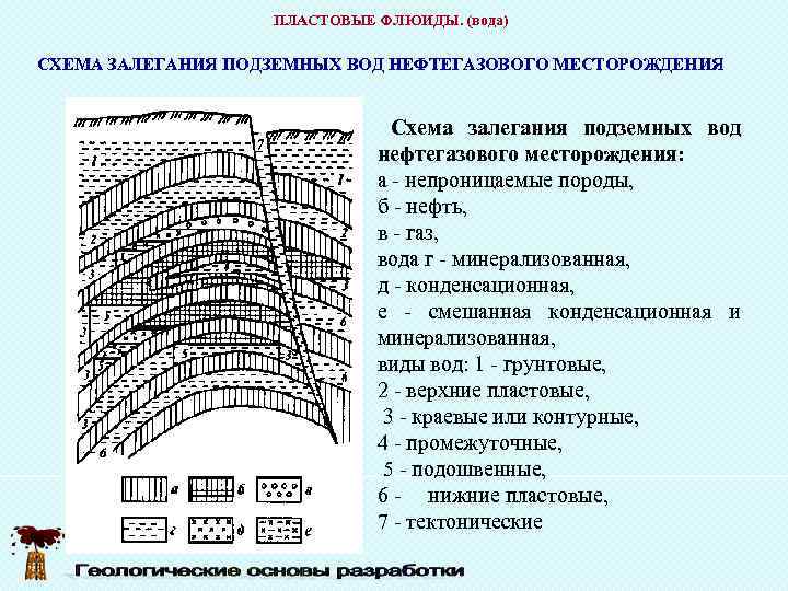     ПЛАСТОВЫЕ ФЛЮИДЫ. (вода) СХЕМА ЗАЛЕГАНИЯ ПОДЗЕМНЫХ ВОД НЕФТЕГАЗОВОГО МЕСТОРОЖДЕНИЯ 