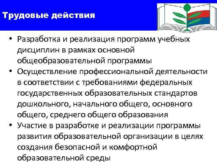 Трудовые действия  • Разработка и реализация программ учебных дисциплин в рамках основной общеобразовательной