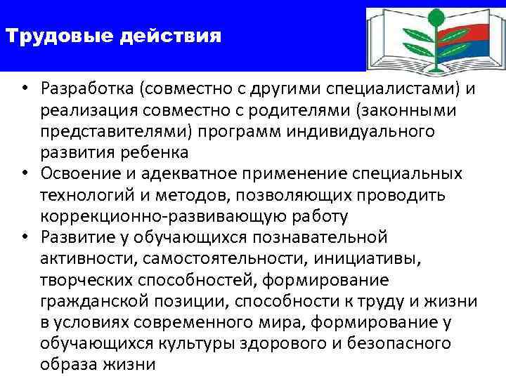 Трудовые действия  • Разработка (совместно с другими специалистами) и реализация совместно с родителями
