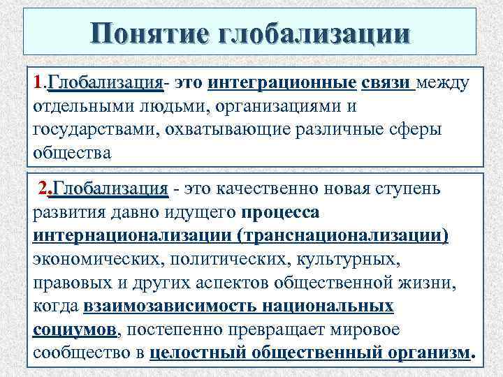  Понятие глобализации 1. Глобализация- это интеграционные связи между Глобализация отдельными людьми, организациями и