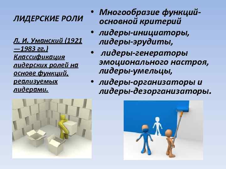  • Многообразие функций- ЛИДЕРСКИЕ РОЛИ основной критерий • лидеры-инициаторы, Л. И. Уманский (1921