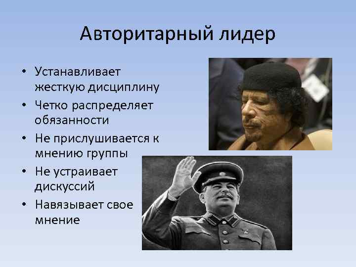  Авторитарный лидер • Устанавливает жесткую дисциплину • Четко распределяет обязанности • Не прислушивается