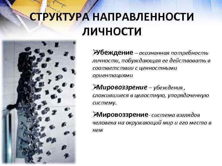 СТРУКТУРА НАПРАВЛЕННОСТИ   ЛИЧНОСТИ   ØУбеждение – осознанная потребность  личности, побуждающая