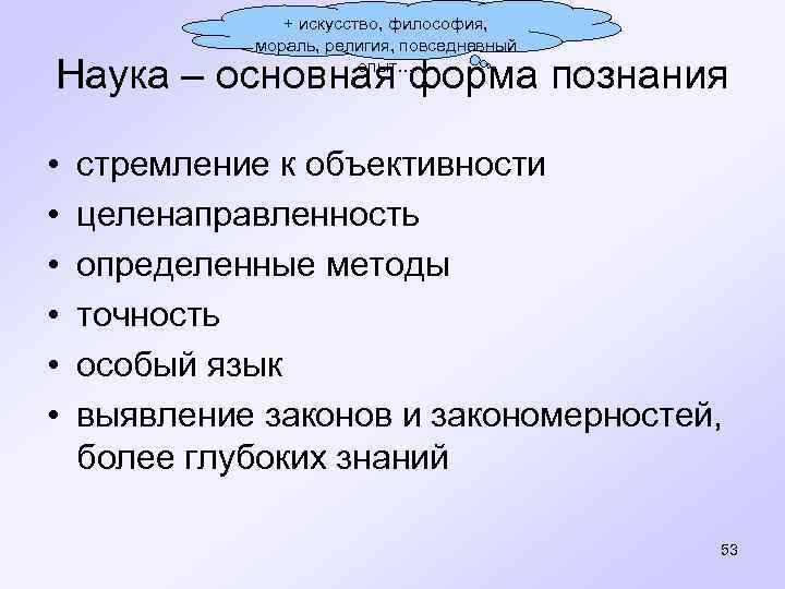  + искусство, философия, мораль, религия, повседневный Наука – основная форма познания опыт… •