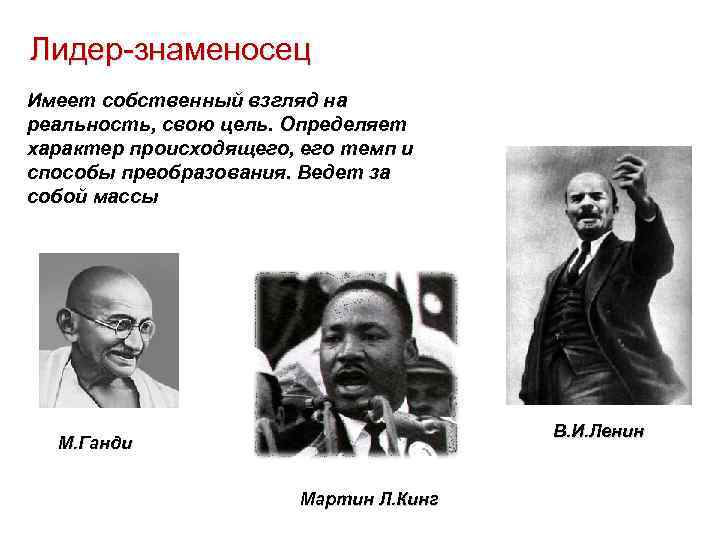 Лидер-знаменосец Имеет собственный взгляд на реальность, свою цель. Определяет характер происходящего, его темп и