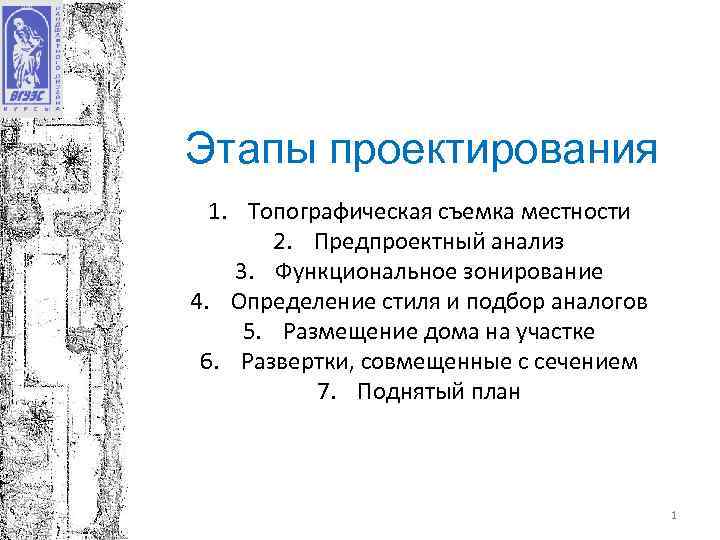Этапы проектирования 1. Топографическая съемка местности 2. Предпроектный анализ 3. Функциональное Этапы проектирования 1. Топографическая съемка местности 2. Предпроектный анализ 3. Функциональное