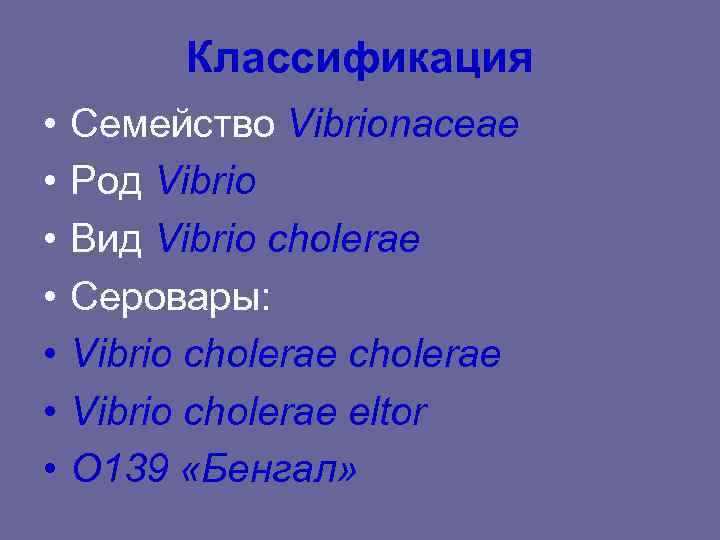 Классификация • Семейство Vibrionaceae • Род Vibrio • Классификация • Семейство Vibrionaceae • Род Vibrio •