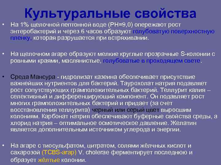 Культуральные свойства • На 1% щелочной пептонной воде (РН=9, 0) опережают рост Культуральные свойства • На 1% щелочной пептонной воде (РН=9, 0) опережают рост