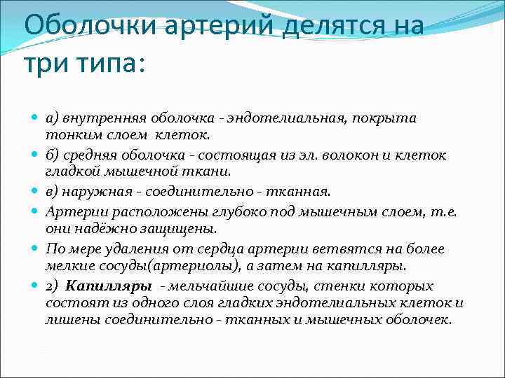 Оболочки артерий делятся на три типа: а) внутренняя оболочка - эндотелиальная, покрыта тонким слоем