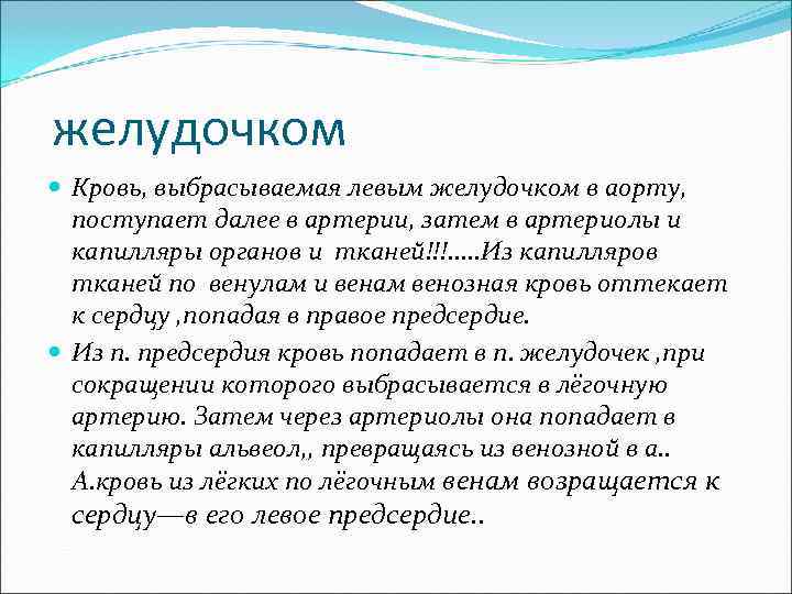 желудочком Кровь, выбрасываемая левым желудочком в аорту, поступает далее в артерии, затем в артериолы