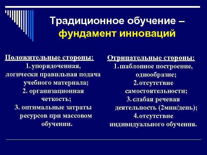  Традиционное обучение – фундамент инноваций Положительные стороны: Отрицательные стороны: 1. упорядоченная, 1. шаблонное