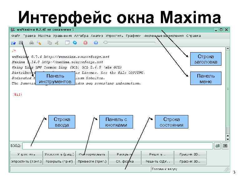 Интерфейс окна Maxima Строка заголовка Панель инструментов меню Строка Панель с Строка ввода кнопками