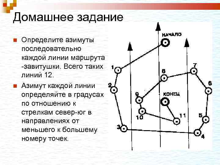 Домашнее задание Определите азимуты последовательно каждой линии маршрута -завитушки. Всего таких линий 12. Азимут