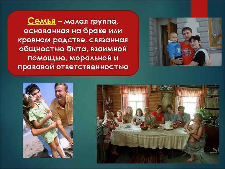  Семья – малая группа,  основанная на браке или кровном родстве, связанная общностью