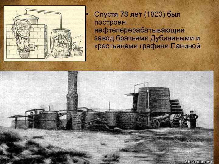  • Спустя 78 лет (1823) был построен нефтеперерабатывающий завод братьями Дубиниными и крестьянами